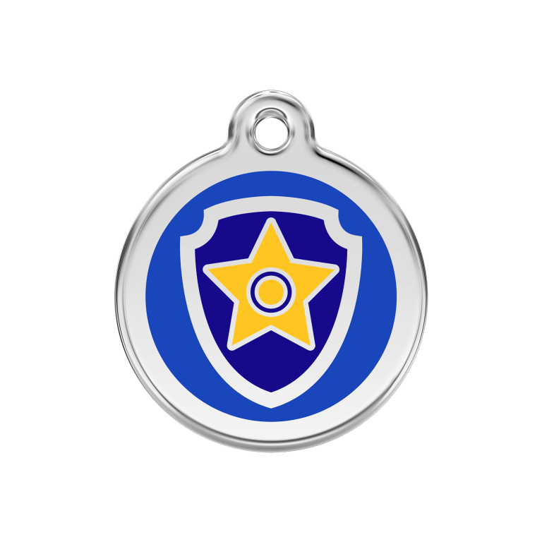Vue avant - Médaille personnalisée pour chien Red Dingo Émail et acier inoxydable Nickelodeon Chase Bleu foncé 30.00mm