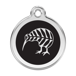 Schwarze Kiwi Hundemarke L aus Emaille und Edelstahl