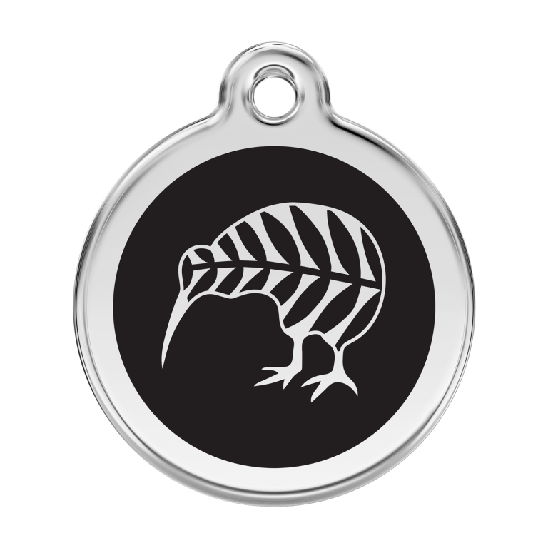 Vue avant - Médaille personnalisée Red Dingo Émail et acier inoxydable kiwi noir - Größe L pour chien