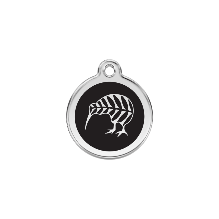 Vue avant - Médaille personnalisée pour chien/chat Red Dingo Émail et acier inoxydable - Motif kiwi - Noir - Größe S