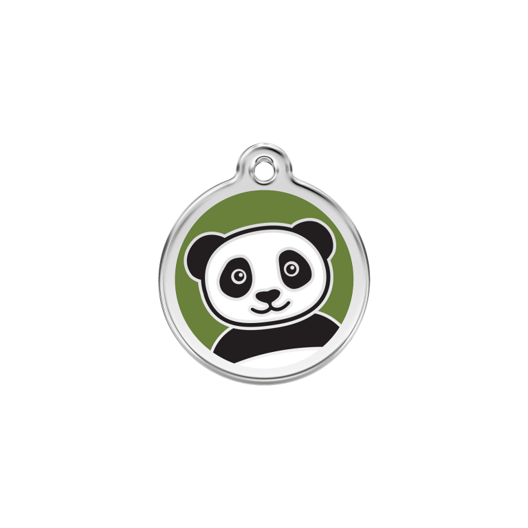 Vue avant - Médaille personnalisée pour chat en émail et acier inoxydable - Motif Panda vert - Red Dingo