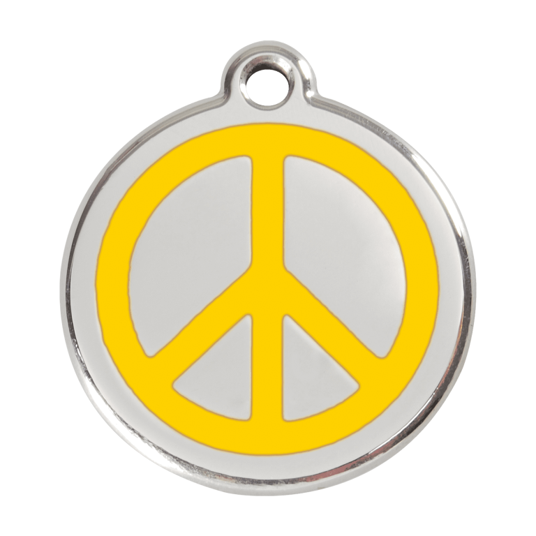 Vue avant - Médaille personnalisée pour chien - Red Dingo Émail et acier inoxydable - Motif Paix Jaune - Größe L