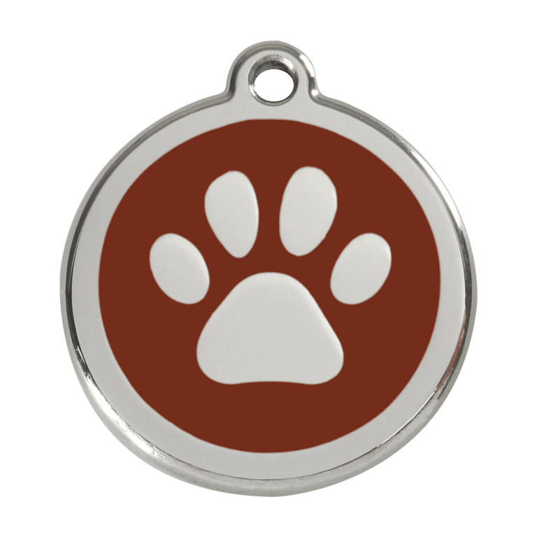 Vue avant - Médaille personnalisable pour chien Red Dingo en émail et acier inoxydable - Empreinte de patte - Brun - Größe L