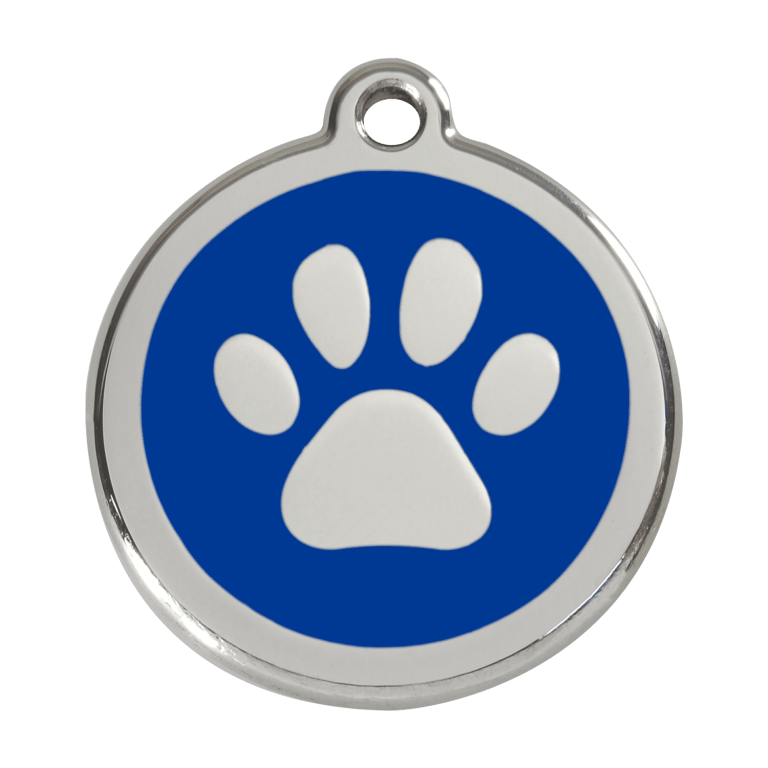 Vue avant - Médaille personnalisée pour chien Red Dingo Émail et acier inoxydable - Empreinte de patte - Bleu foncé - Größe L