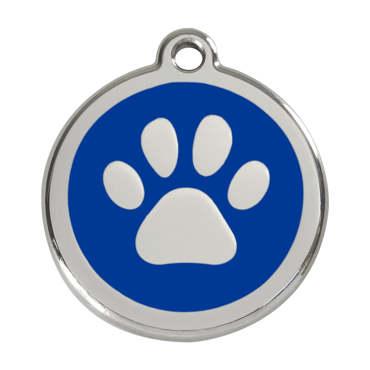 Vue avant - Médaille personnalisée pour chien Red Dingo Émail et acier inoxydable - Empreinte de patte - Bleu foncé - Größe L