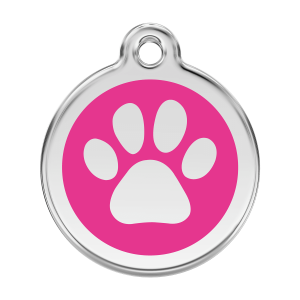 Hundemarke groß mit rosa Pfotenabdruck aus Emaille und Edelstahl