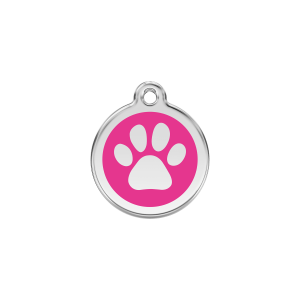 Hundemarke S aus Emaille und Edelstahl in leuchtendem Pink mit Pfotenabdruck