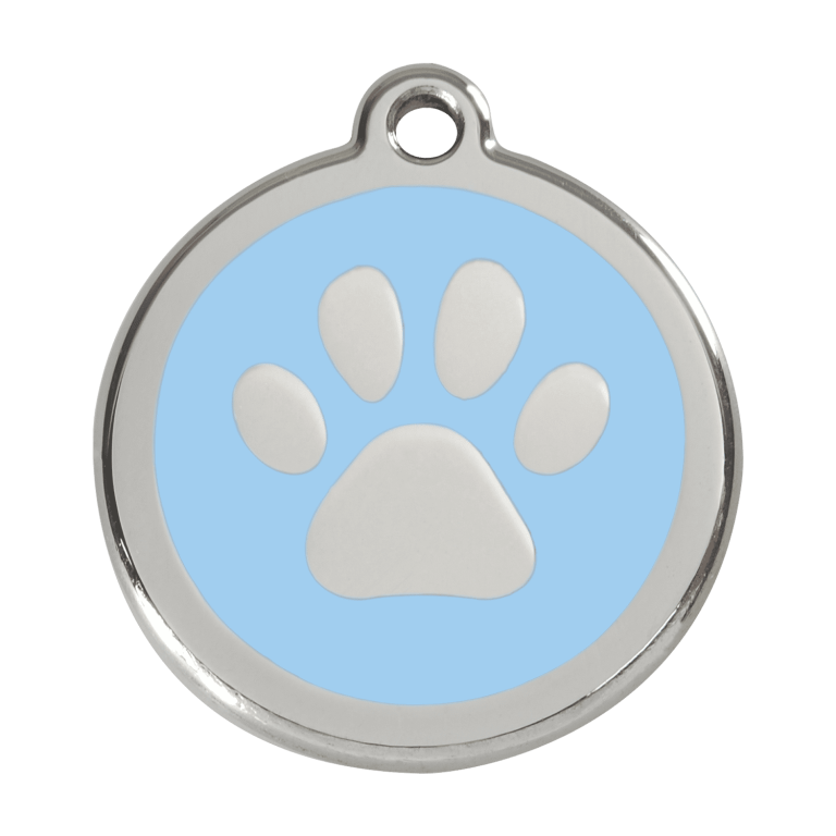 Vue avant - Médaille personnalisable pour chien en émail et acier inoxydable - Empreinte de patte bleu clair - Red Dingo