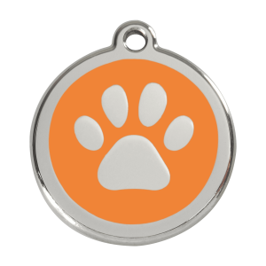 Hundemarke groß mit orangem Pfotenabdruck aus Emaille und Edelstahl