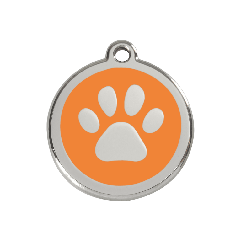 Vue avant - Médaille personnalisée pour chien Red Dingo en émail et acier inoxydable - Empreinte de patte orange - Größe M
