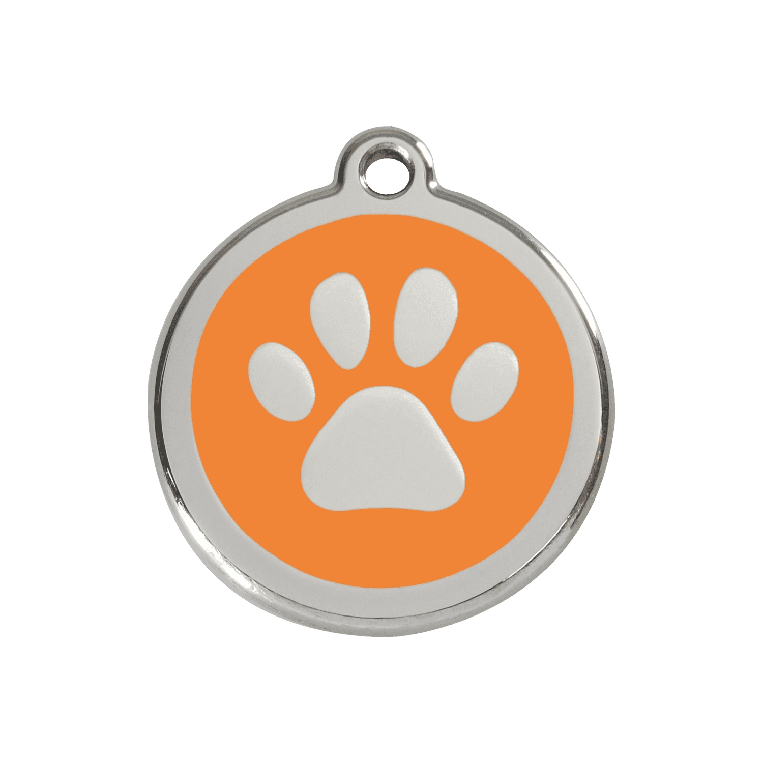 Vue avant - Médaille personnalisée pour chien Red Dingo en émail et acier inoxydable - Empreinte de patte orange - Größe M