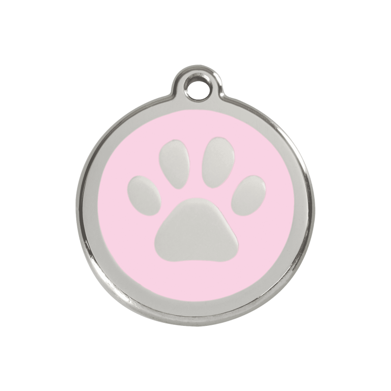 Vue avant - Médaille personnalisée pour chien/chat Red Dingo Émail et acier inoxydable - Empreinte de patte rose - Größe M