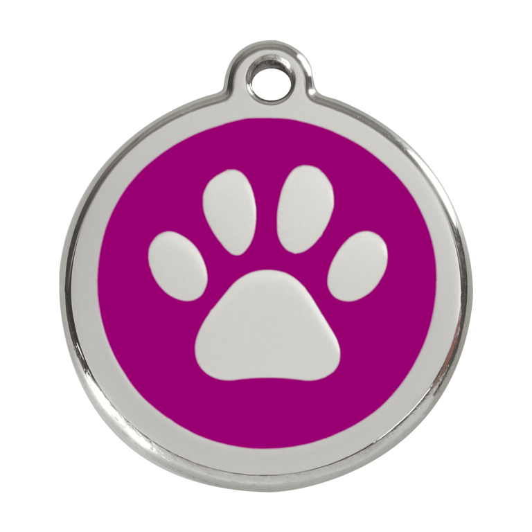 Vue avant - Médaille personnalisable pour chien Red Dingo Émail et acier inoxydable Empreinte de patte Violet 38.00mm