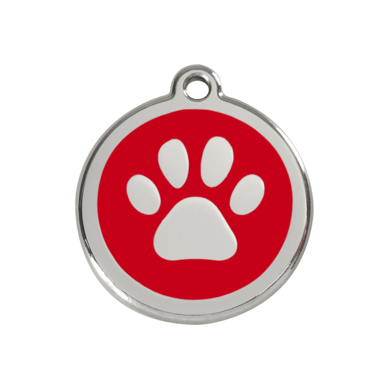 Vue avant - Médaille personnalisée pour chien/chat Red Dingo Émail/Acier inoxydable Empreinte de patte Rouge 30mm