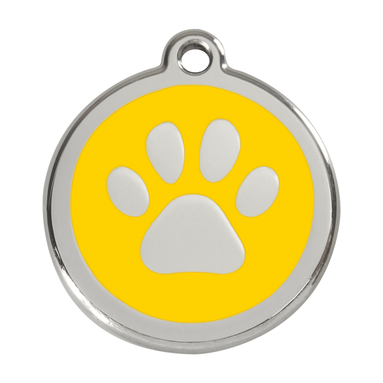 Vue avant - Médaille personnalisée pour chien ou chat - Empreinte de patte jaune Red Dingo 01-PP-YE-LG