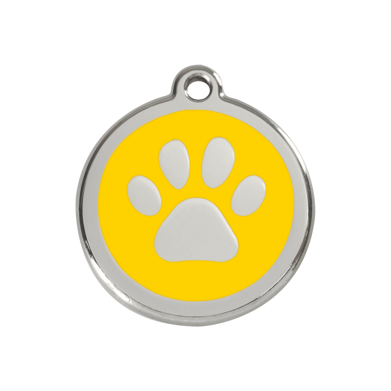 Vue avant - Médaille personnalisée pour chien/chat Red Dingo Émail/Acier Jaune 30mm - Empreinte de patte