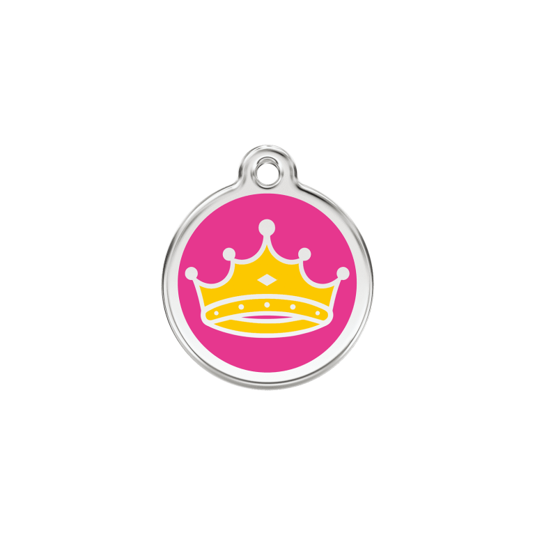 Vue avant - Médaille personnalisable pour chat en émail et acier inoxydable - Red Dingo - Motif Reine - Rose vif - Größe S