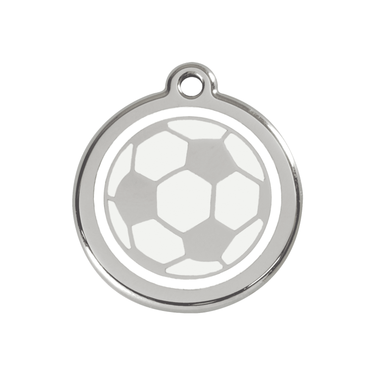 Vue avant - Médaille personnalisée pour chien Red Dingo Émail et acier inoxydable - Ballon de football blanc - Größe M