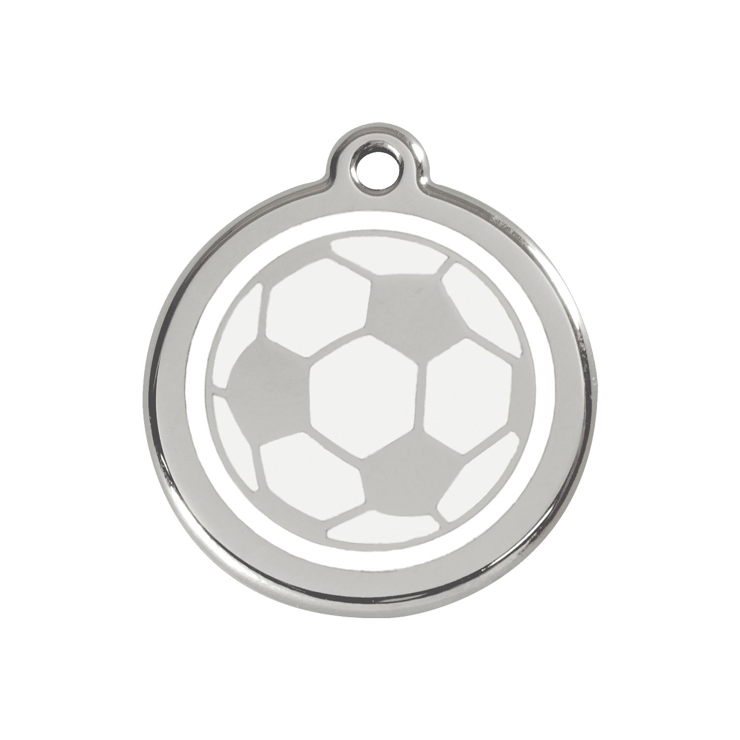 Vue avant - Médaille personnalisée pour chien Red Dingo Émail et acier inoxydable - Ballon de football blanc - Größe M
