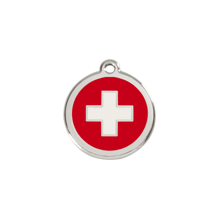Vue avant - Médaille personnalisée pour chien/chat Red Dingo Émail/Acier inoxydable Croix Suisse Rouge 20mm