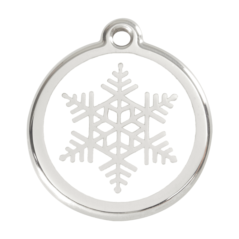 Vue avant - Médaille personnalisée pour chien - Red Dingo Émail et acier inoxydable - Flocon de neige blanc - Größe L