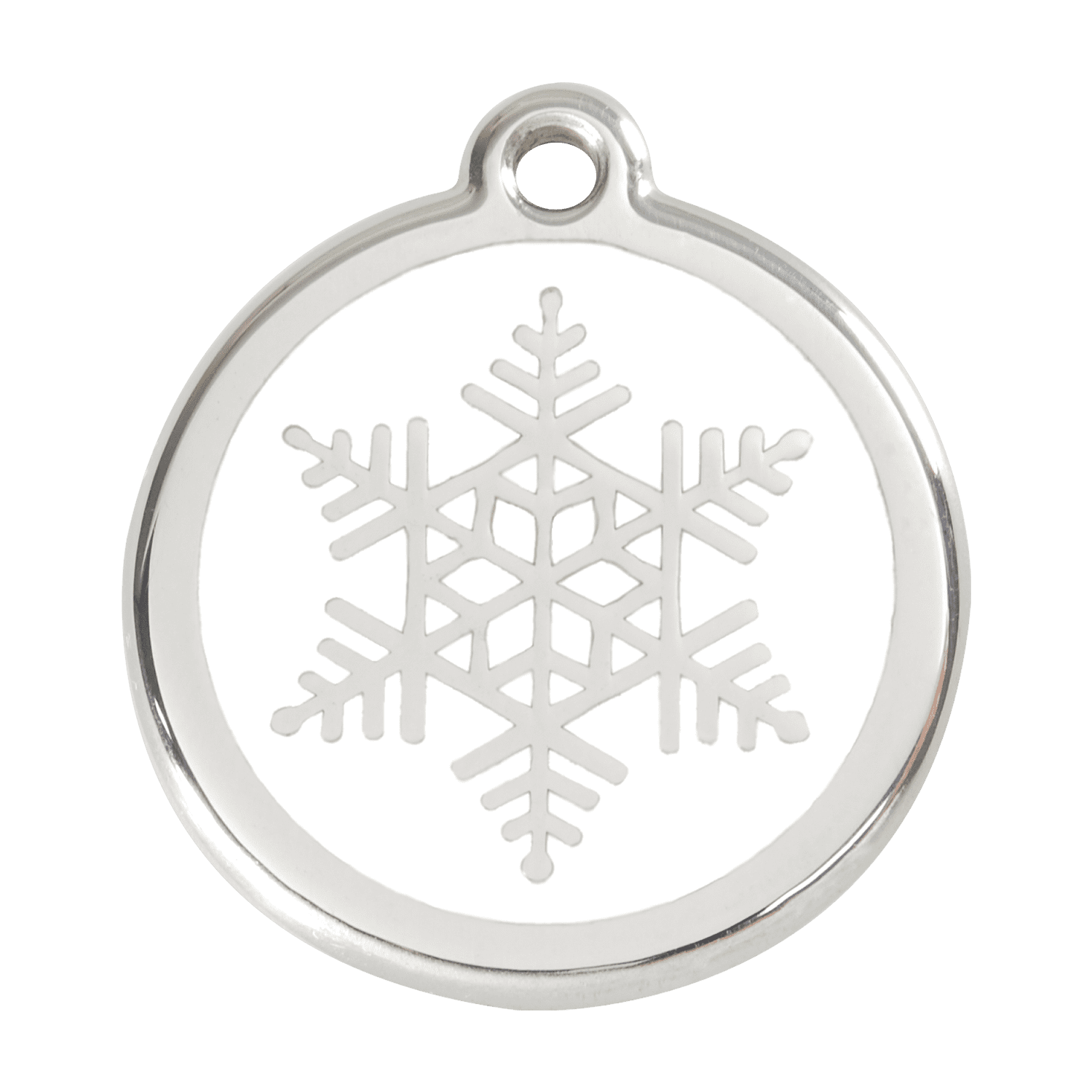 Vue avant - Médaille personnalisée pour chien - Red Dingo Émail et acier inoxydable - Flocon de neige blanc - Größe L