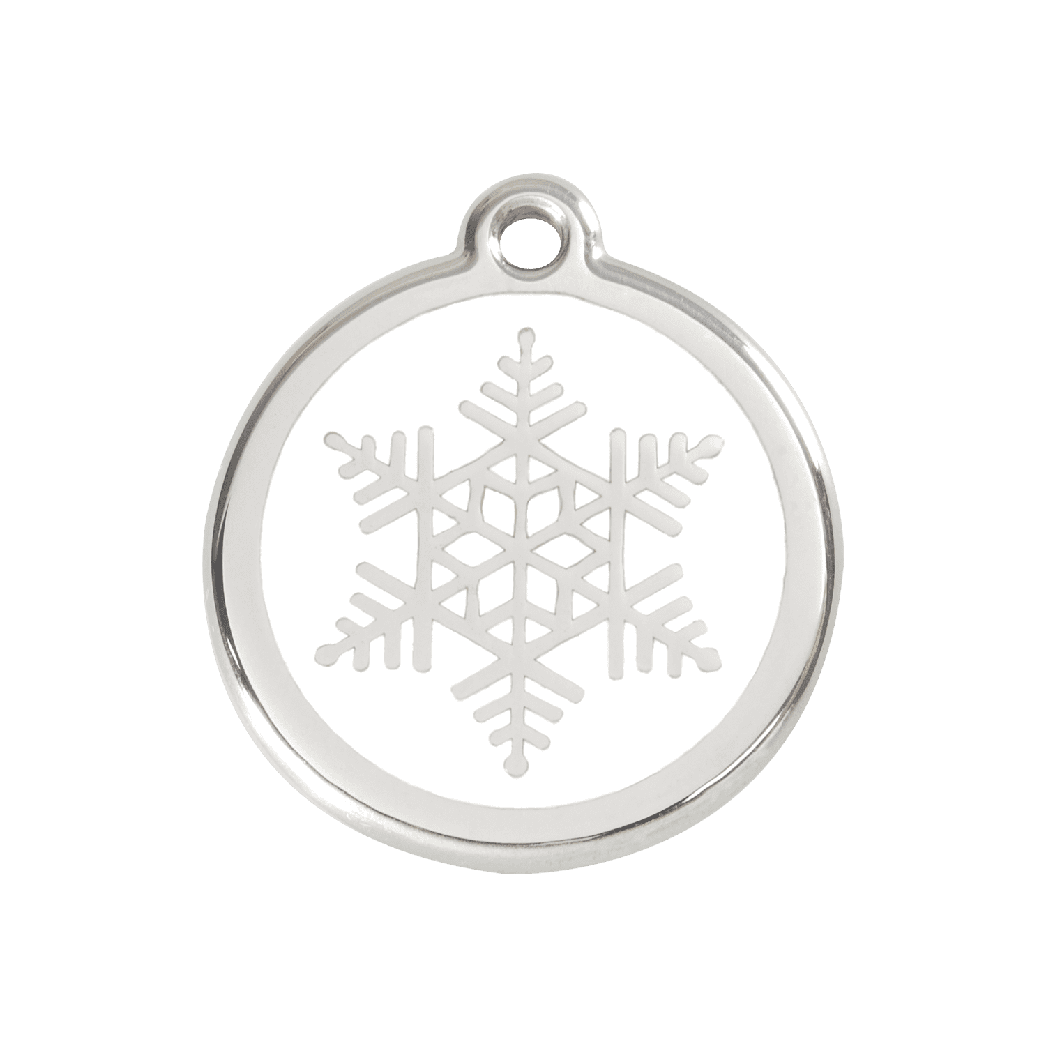 Vue avant - Médaille personnalisée pour chien/chat Red Dingo Émail et acier inoxydable - Flocon de neige blanc - Größe M