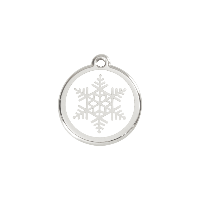 Vue avant - Médaille personnalisée pour chien/chat Red Dingo Émail et acier inoxydable - Flocon de neige blanc - Größe S
