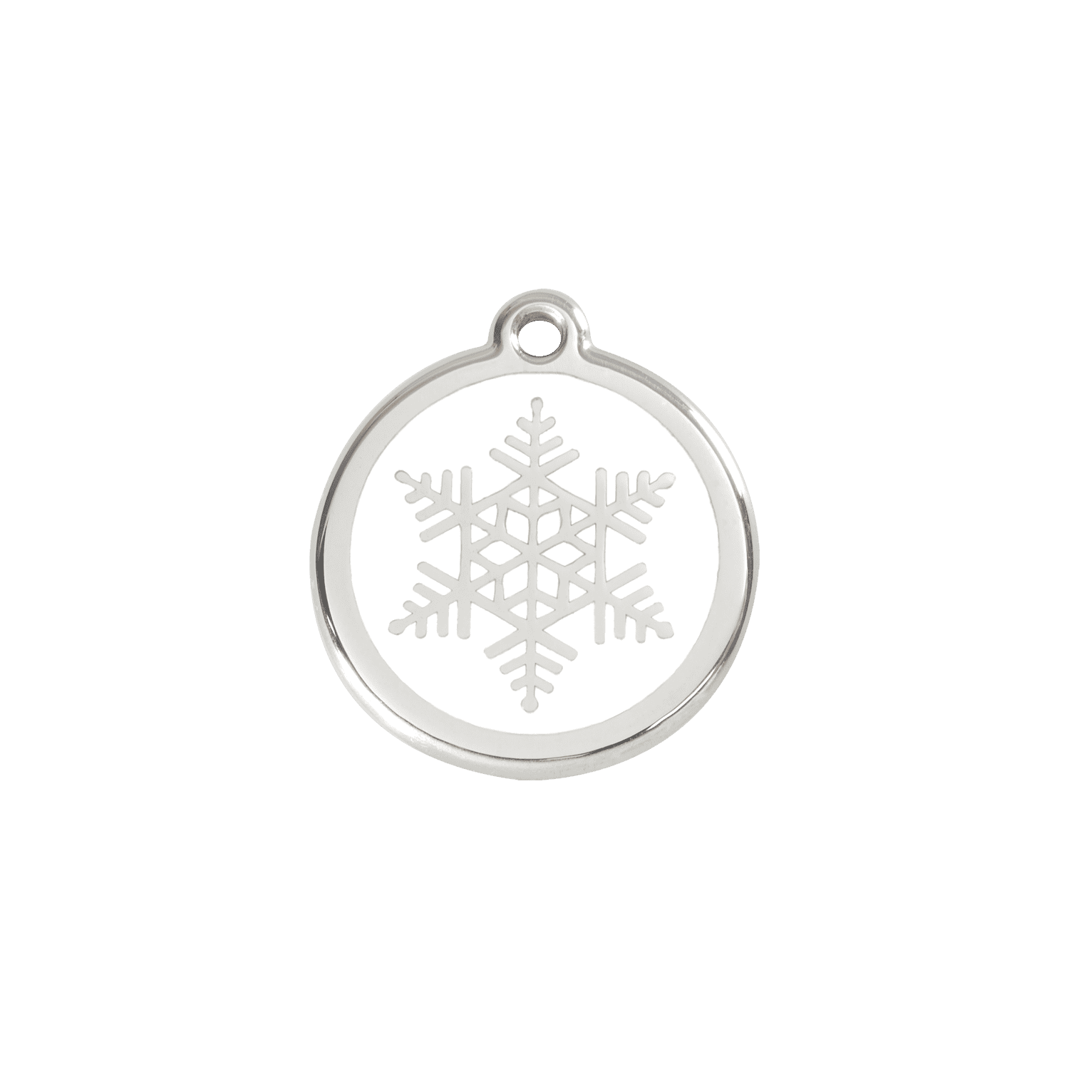 Vue avant - Médaille personnalisée pour chien/chat Red Dingo Émail et acier inoxydable - Flocon de neige blanc - Größe S