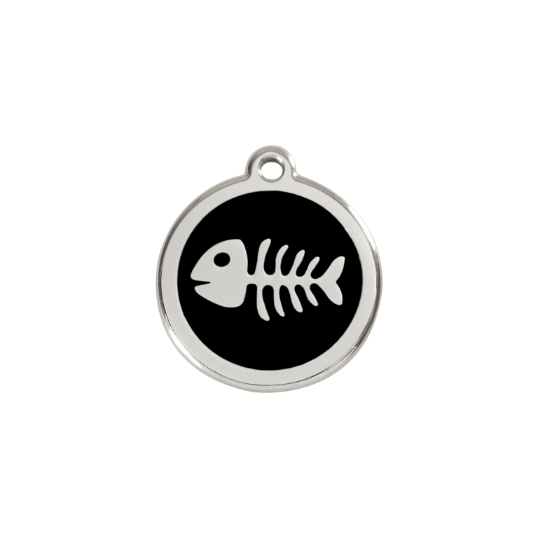 Vue avant - Médaille personnalisée pour chat ou petit chien Red Dingo Squelette de poisson noir 20.00mm - Marque Red Dingo