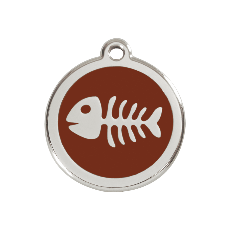 Vue avant - Médaille personnalisée pour chien Red Dingo en émail et acier inoxydable avec motif de squelette de poisson - Brun - Größe M