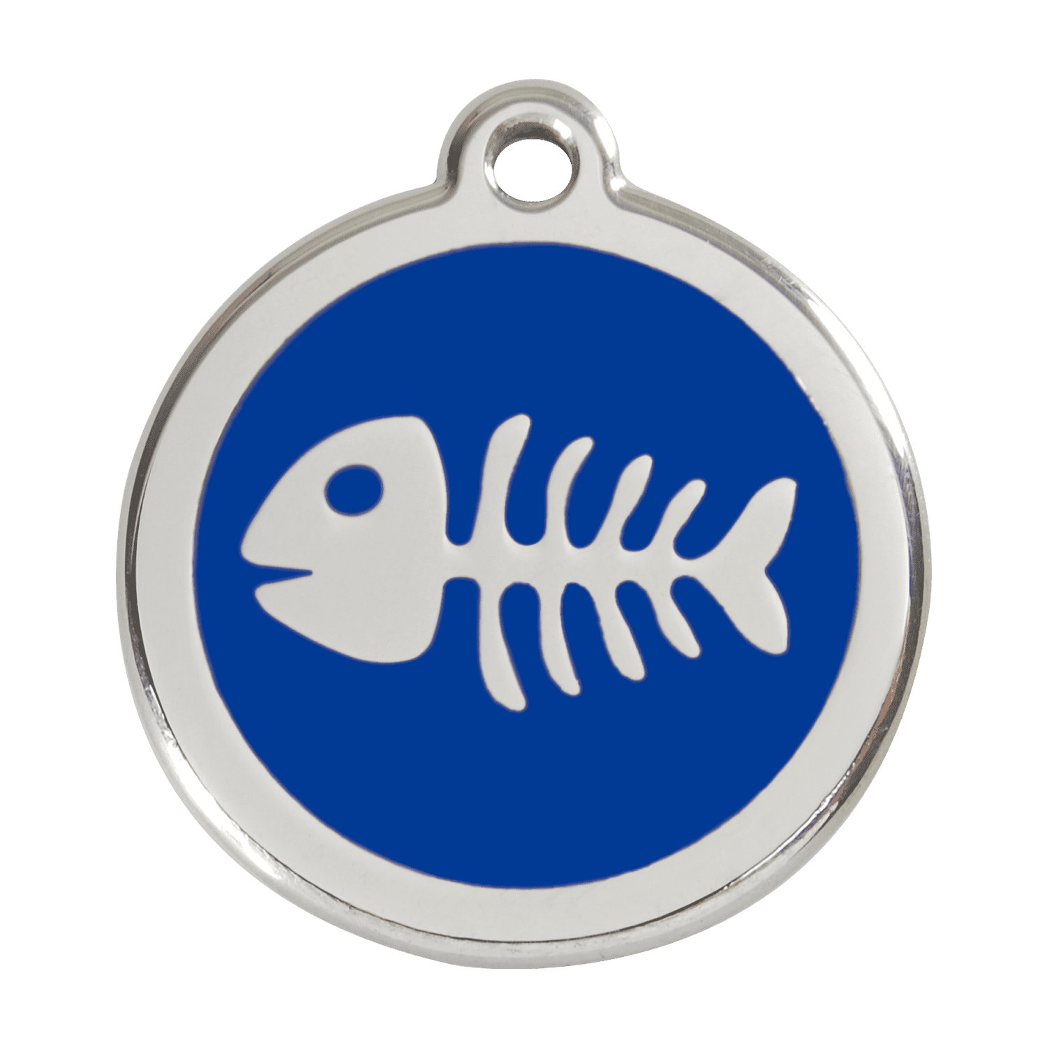 Vue avant - Médaille personnalisée pour chien Red Dingo Émail et acier inoxydable Squelette de poisson Bleu foncé - Größe L