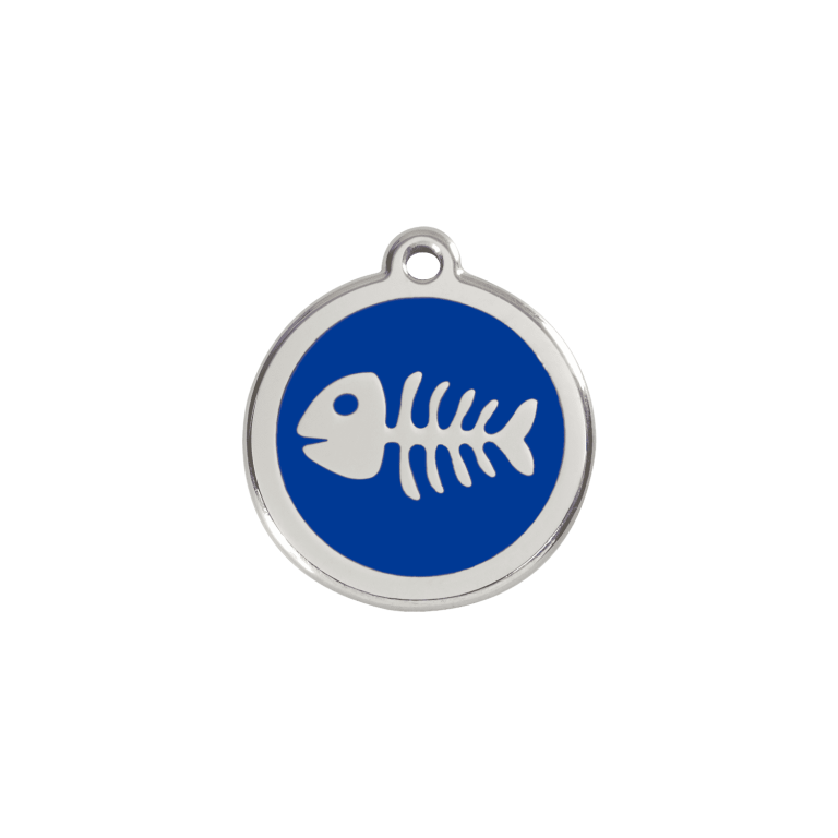 Vue avant - Médaille personnalisée pour chien/chat Red Dingo Squelette de poisson bleu foncé 20mm - Enamel et acier inoxydable