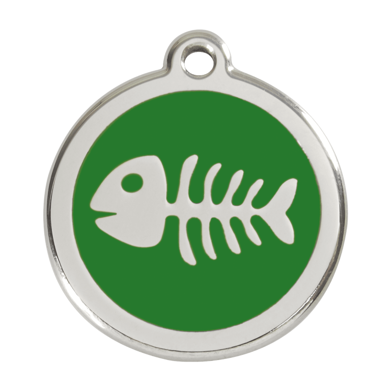 Vue avant - Médaille personnalisée pour chien Red Dingo Émail et acier inoxydable - Squelette de poisson - Vert - Größe L