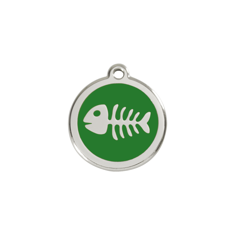 Vue avant - Médaille personnalisée pour chien/chat Red Dingo Émail et acier inoxydable - Squelette de poisson - Vert - Größe S