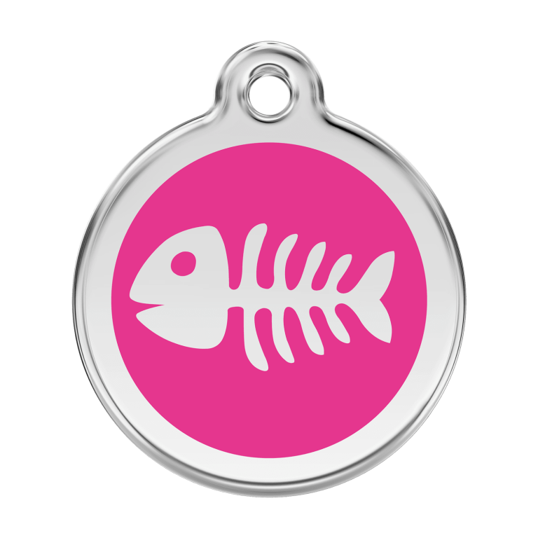 Vue avant - Médaille personnalisée pour chien Red Dingo Émail et acier inoxydable - Squelette de poisson - Rose vif - Größe L