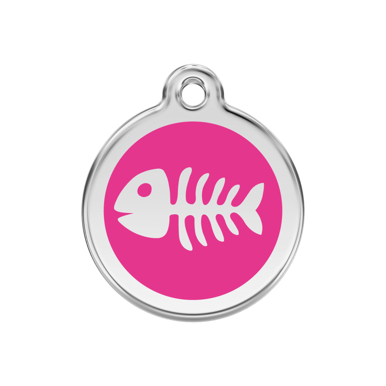 Vue avant - Médaille personnalisable pour chien ou chat Red Dingo Émail et acier inoxydable Squelette de poisson Rose vif 30.00mm