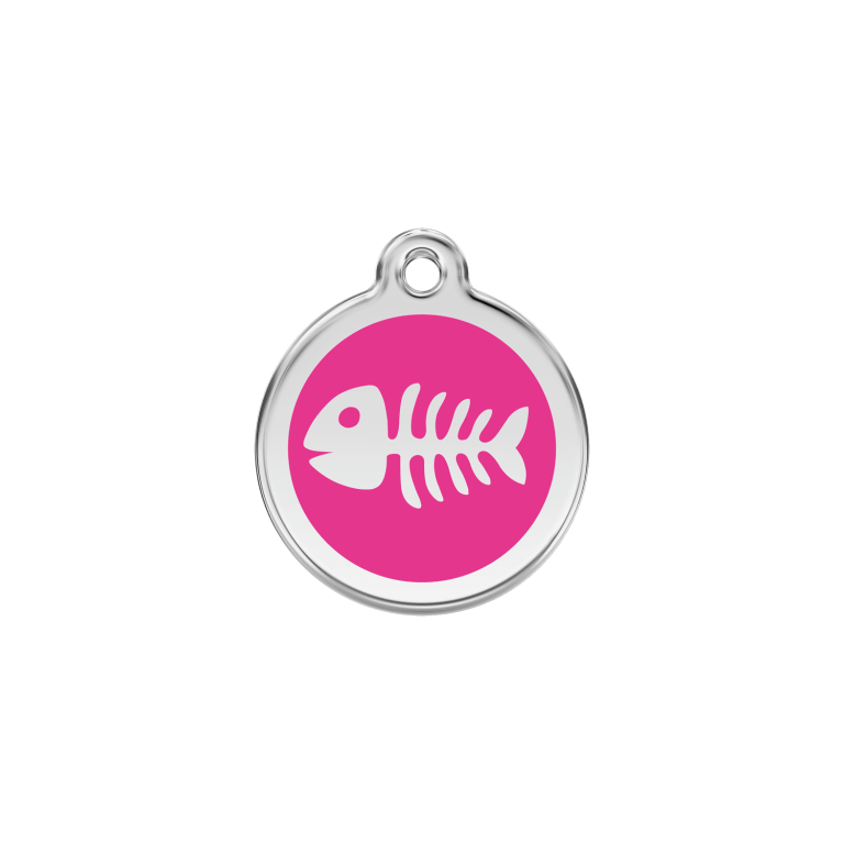 Vue avant - Médaille personnalisée en émail et acier inoxydable pour chat - Squelette de poisson rose vif - Red Dingo