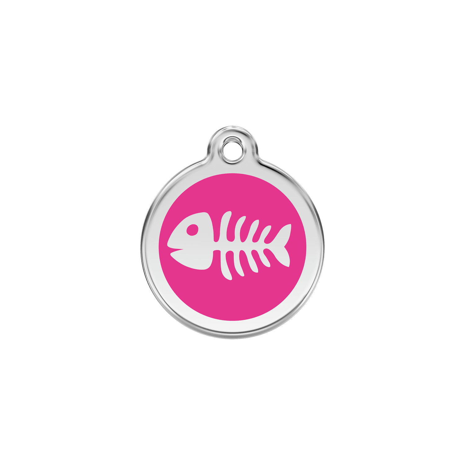 Vue avant - Médaille personnalisée en émail et acier inoxydable pour chat - Squelette de poisson rose vif - Red Dingo