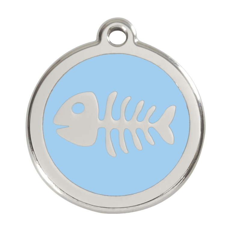 Vue avant - Médaille personnalisée pour chien Red Dingo Émail et acier inoxydable Squelette de poisson Bleu clair 38.00mm - Marque Red Dingo