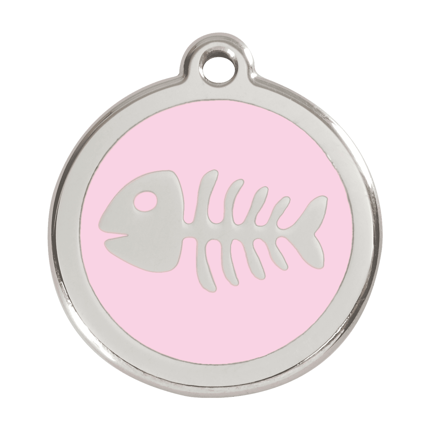 Vue avant - Médaille personnalisable pour chien Red Dingo Émail et acier inoxydable Squelette de poisson Rose - Größe L