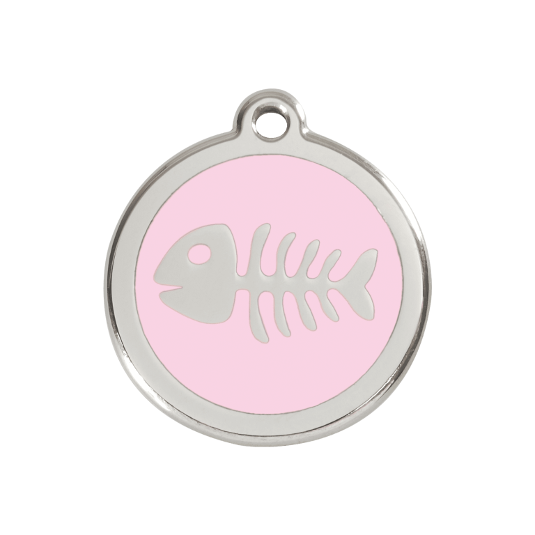 Vue avant - Médaille personnalisée pour chien/chat Red Dingo Émail et acier inoxydable - Squelette de poisson - Rose - Größe M