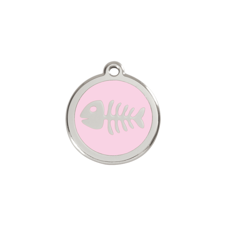 Vue avant - Médaille personnalisée pour chien/chat Red Dingo Émail/Acier inoxydable Squelette poisson Rose 20mm - Réf : 01-SK-PK-SM