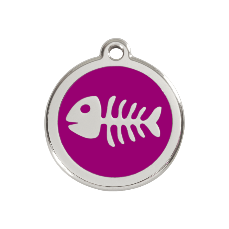 Vue avant - Médaille personnalisable pour chien Red Dingo Émail et acier inoxydable - Squelette de poisson violet - Größe M