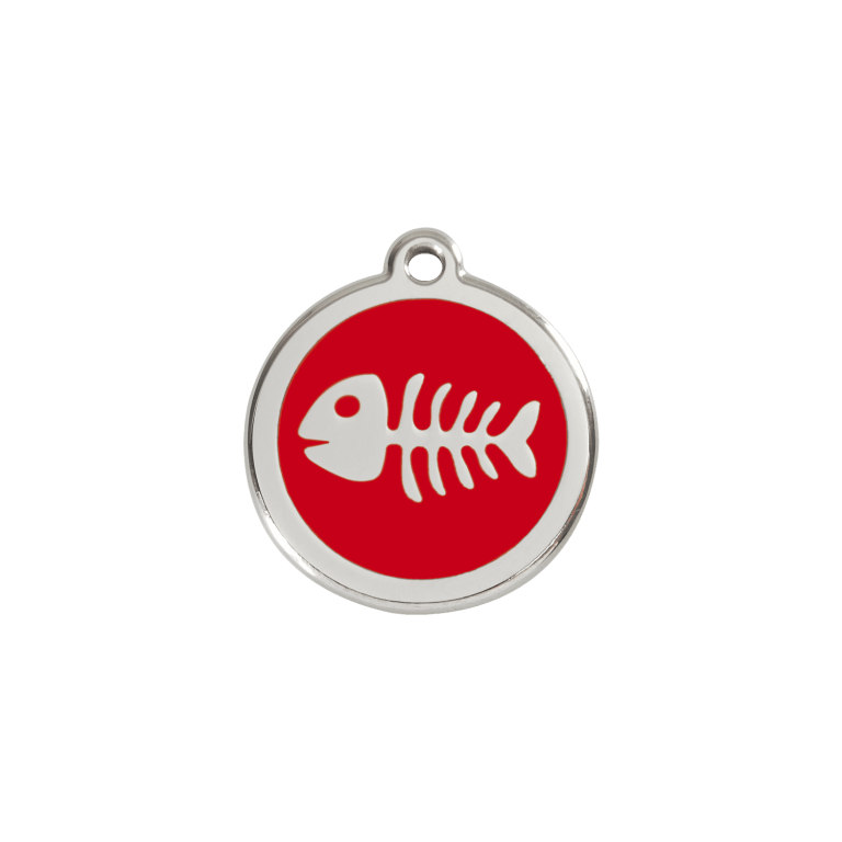 Vue avant - Médaille personnalisée pour chien/chat Red Dingo Émail/Acier inoxydable Squelette poisson Rouge 20mm - Réf : 01-SK-RE-SM