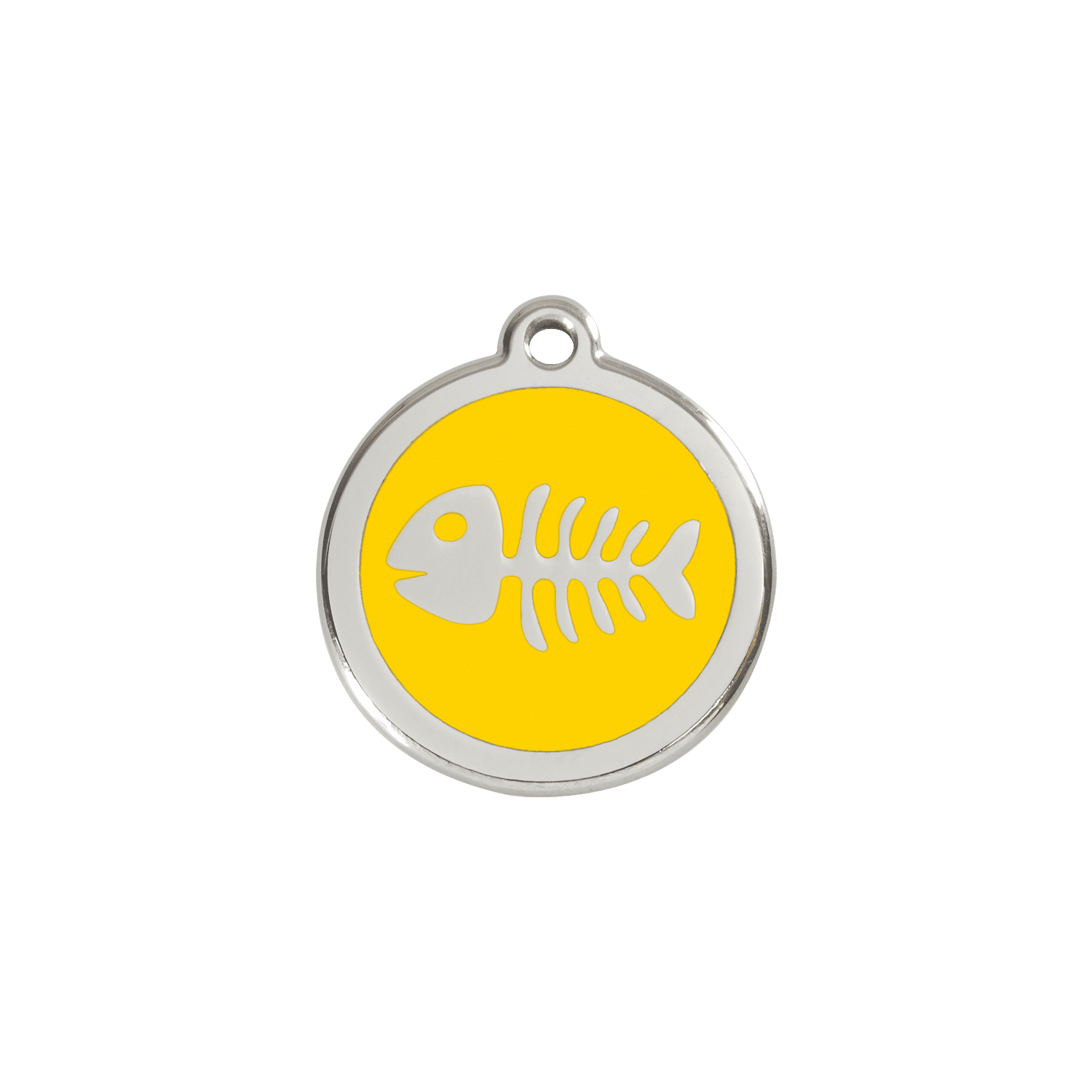 Vue avant - Médaille personnalisée pour chien/chat Red Dingo Émail/Acier Jaune Squelette Poisson - Größe S - 01-SK-YE-SM