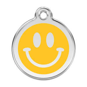 Gelbe Hundemarke Smiley L aus Emaille und Edelstahl