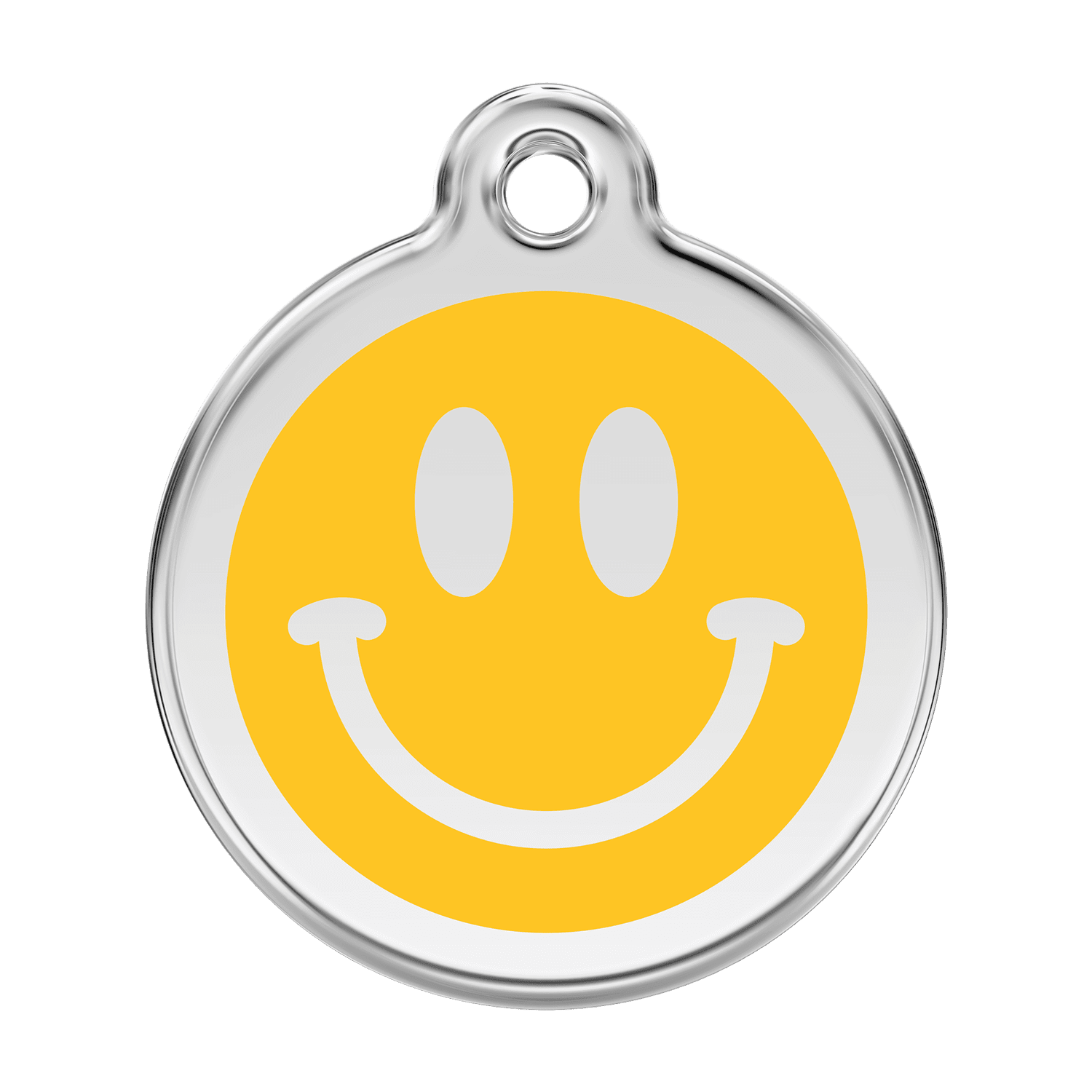 Vue avant - Médaille personnalisée pour chien Red Dingo Smiley jaune en émail et acier inoxydable - Größe L - Réf : 01-SM-YE-LG