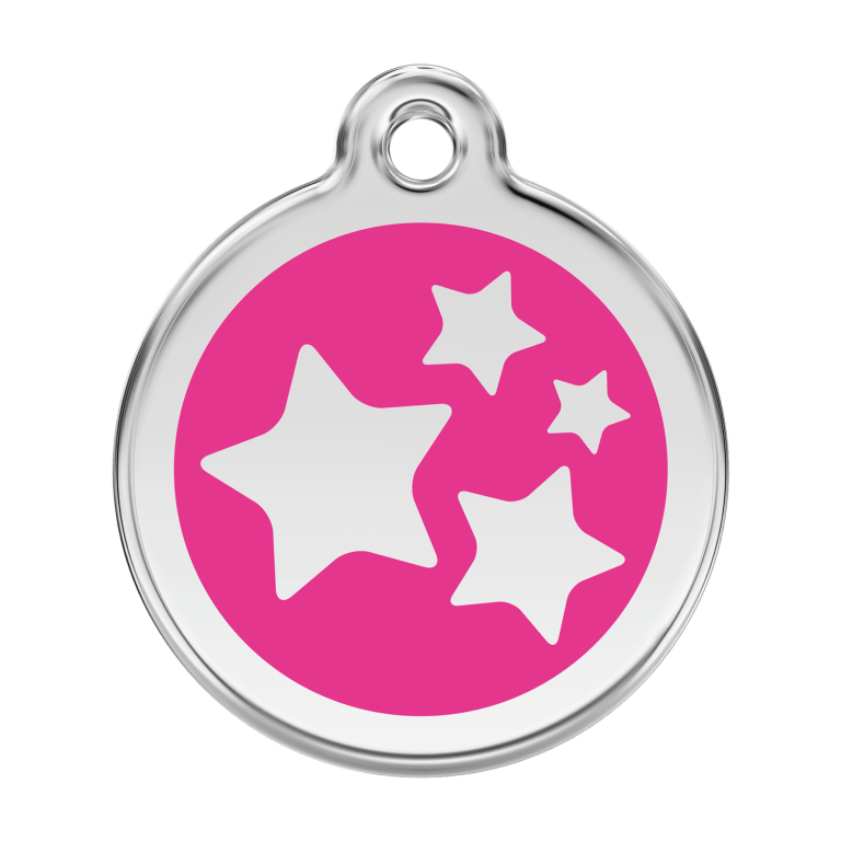 Vue avant - Médaille personnalisée pour chien Red Dingo Émail et acier inoxydable - Motif étoile - Rose vif - Größe L