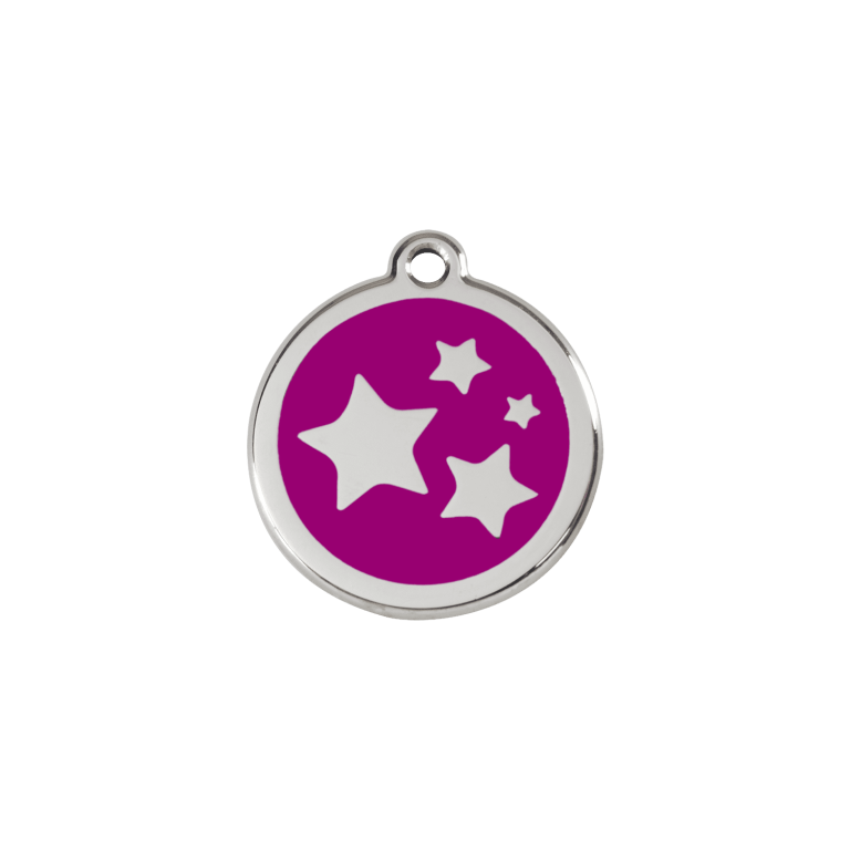 Vue avant - Médaille personnalisable pour chien/chat Red Dingo Émail et acier inoxydable - Motif étoile violet - Größe S